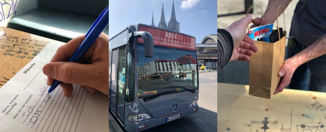 Care-Paket Verteilung am Kölner Hauptbahnhof.