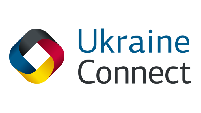 Logo „Ukraine Connect“ mit farbigem Symbol aus Blau, Rot, Schwarz und Gelb auf weißem Hintergrund.